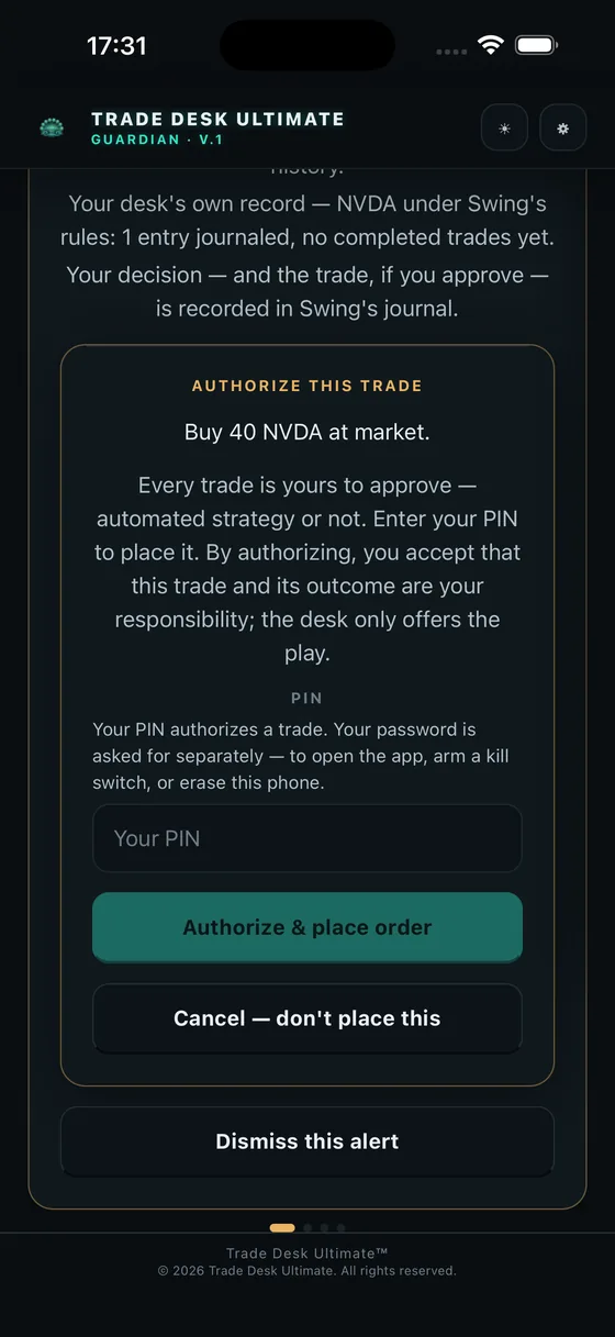 PIN authorization screen for a live order