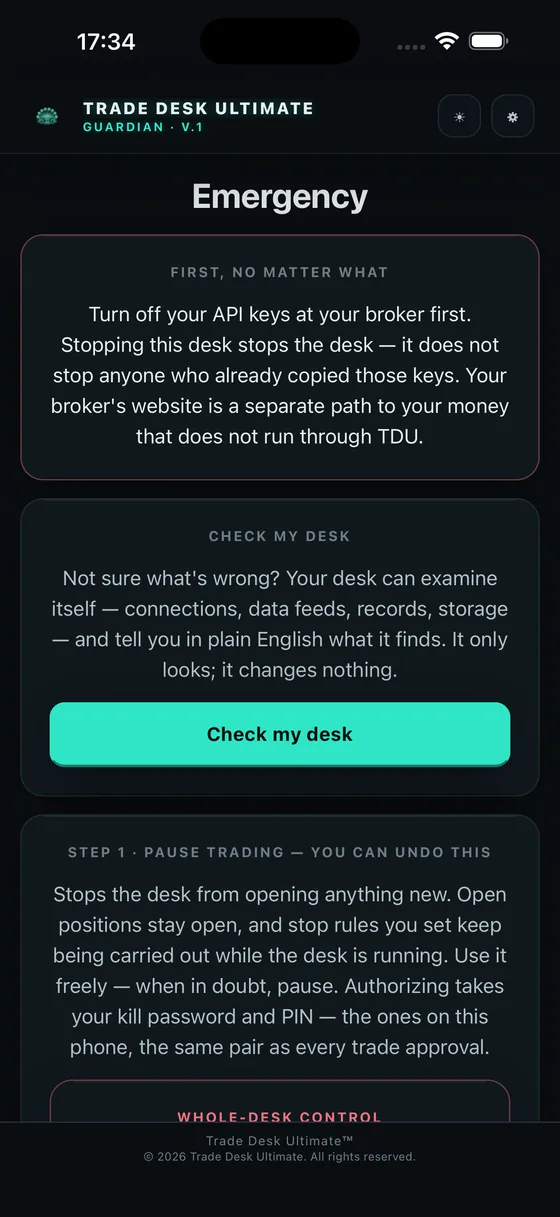 Emergency screen with pause trading and kill-switch controls